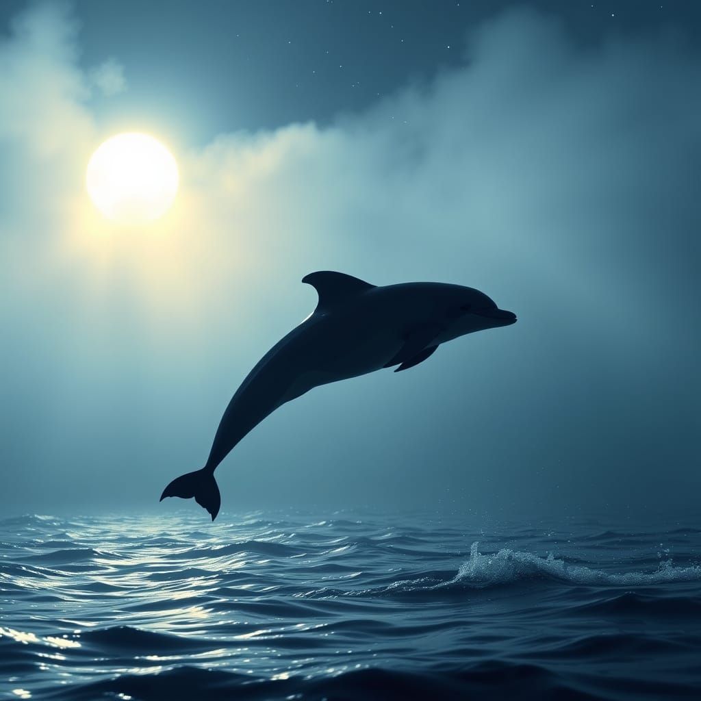 Dolphin Leaps in Vibrant Moonlit Ocean Scene