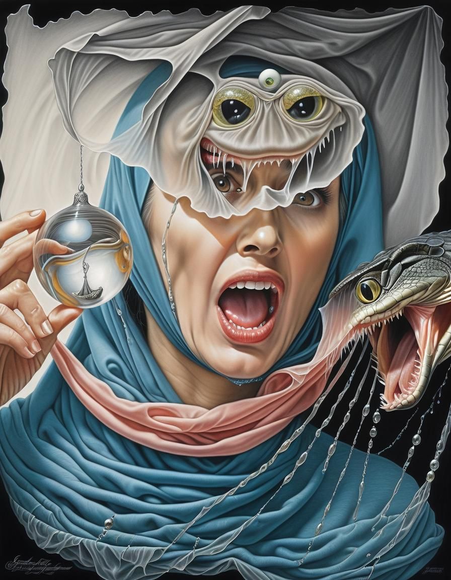 Surreal Pencil Drawing of Woman, Eel, and Faces