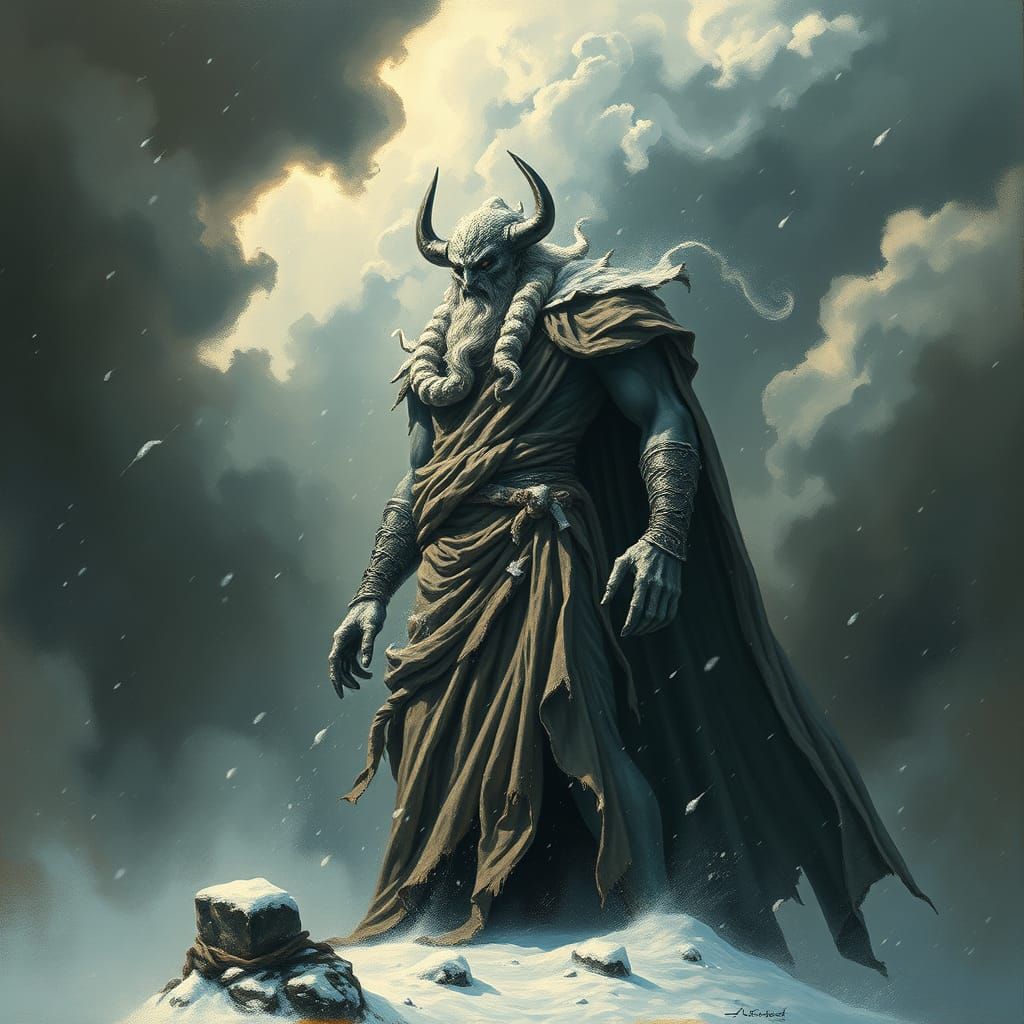 Cronos in Snowstorm: Rutkowski, Beksiński, Frazetta Style