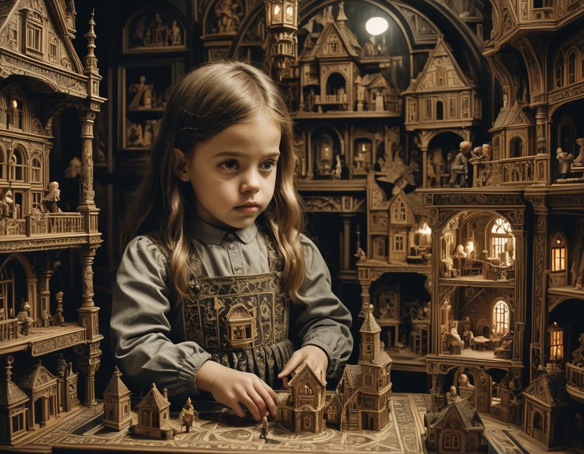 Intricate Dollhouse Scene in M.C. Escher Style
