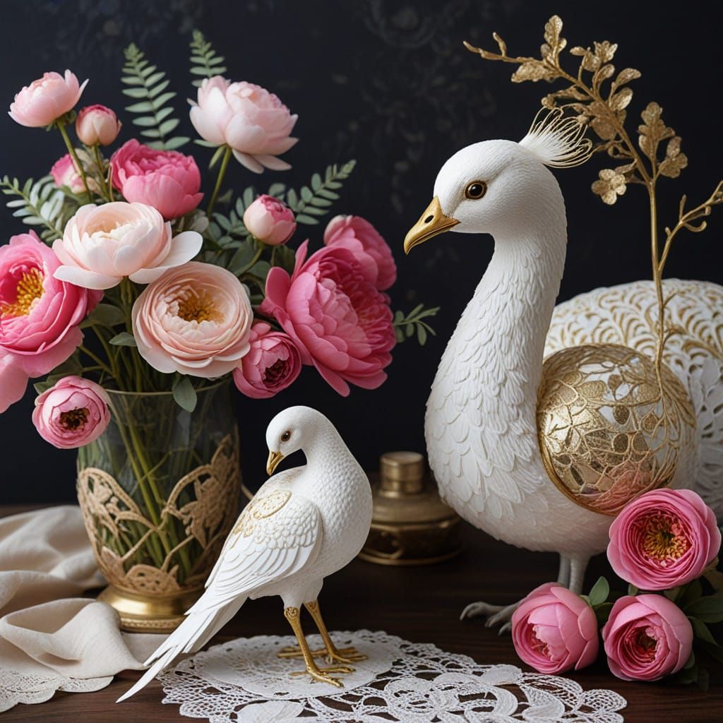 Elegant Peacock and Otter in Kintsugi-Inspired Setting