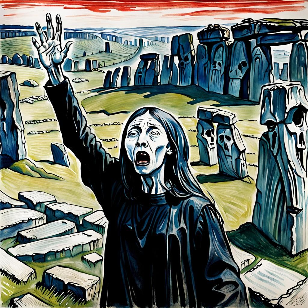 Banshee Screams at Stonehenge in Ink Wash Style
