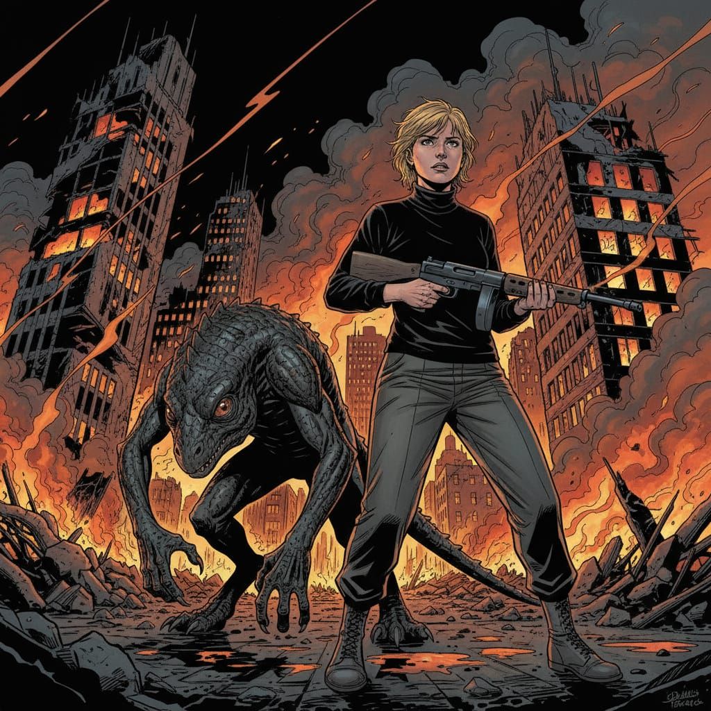 Woman with Tommy Gun vs Lizard Hybrid in Burning City
