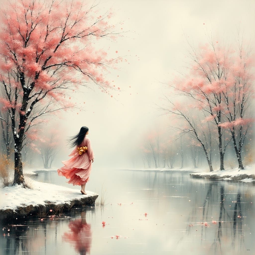 Poetic Japanese Scene: Woman by Pond in Winter-Spring Blend