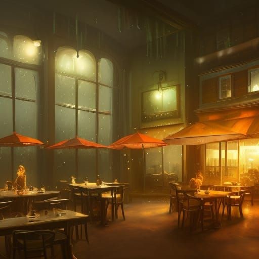 Rainy Night Cafe: Detailed Matte Painting