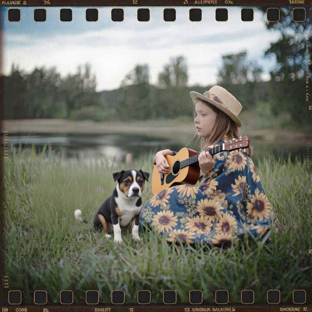 Girl and Dog Serenade in a Sunny Landscape