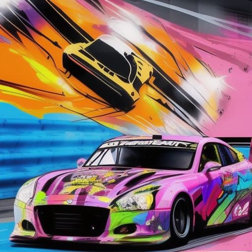 a race car driving super fast on a race track, epic, thrilling, drag race show