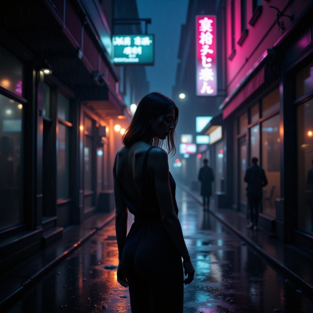 Melancholy Figure in Neon Alleyway