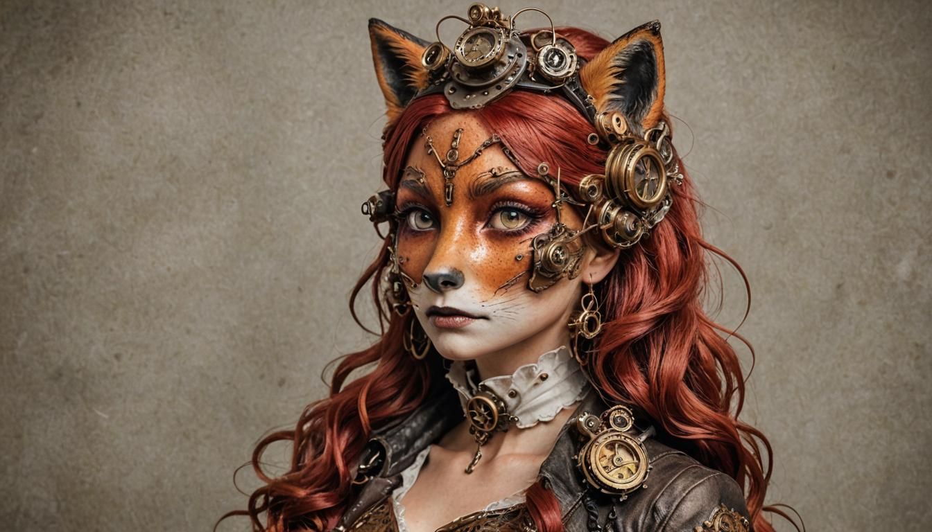 Steampunk Red-Fox Mermaid Portrait in Laboratory Setting