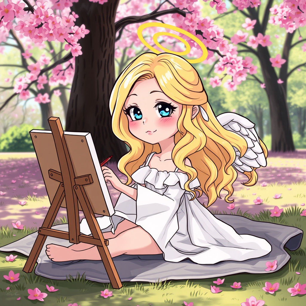 Blonde Angel Painting in Cherry Blossom Park