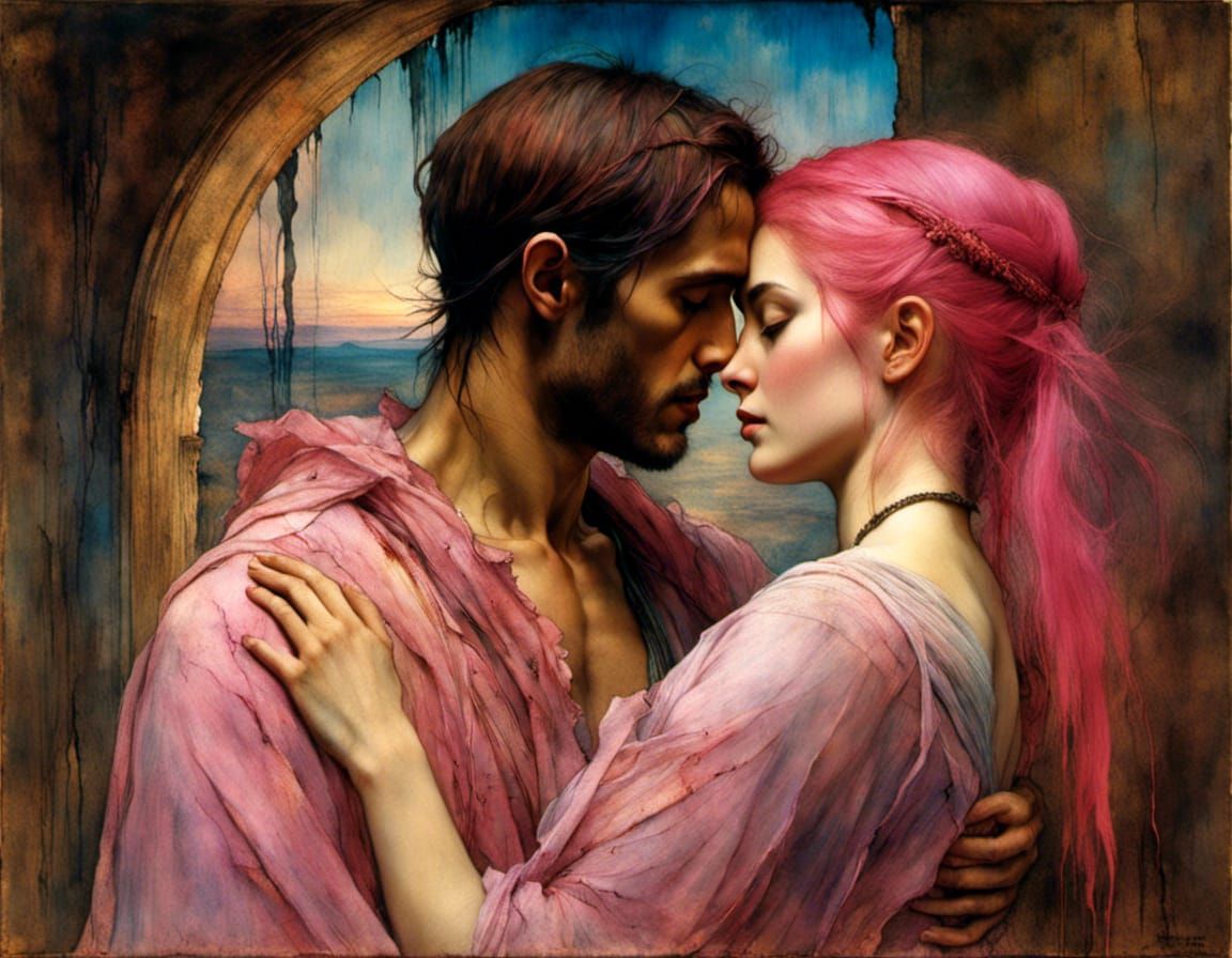 Romantic Embrace Inspired by Pre-Raphaelite Art