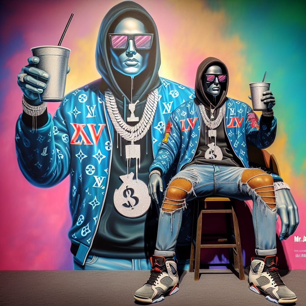Hyperrealistic Man with Diamond Chain and Mural
