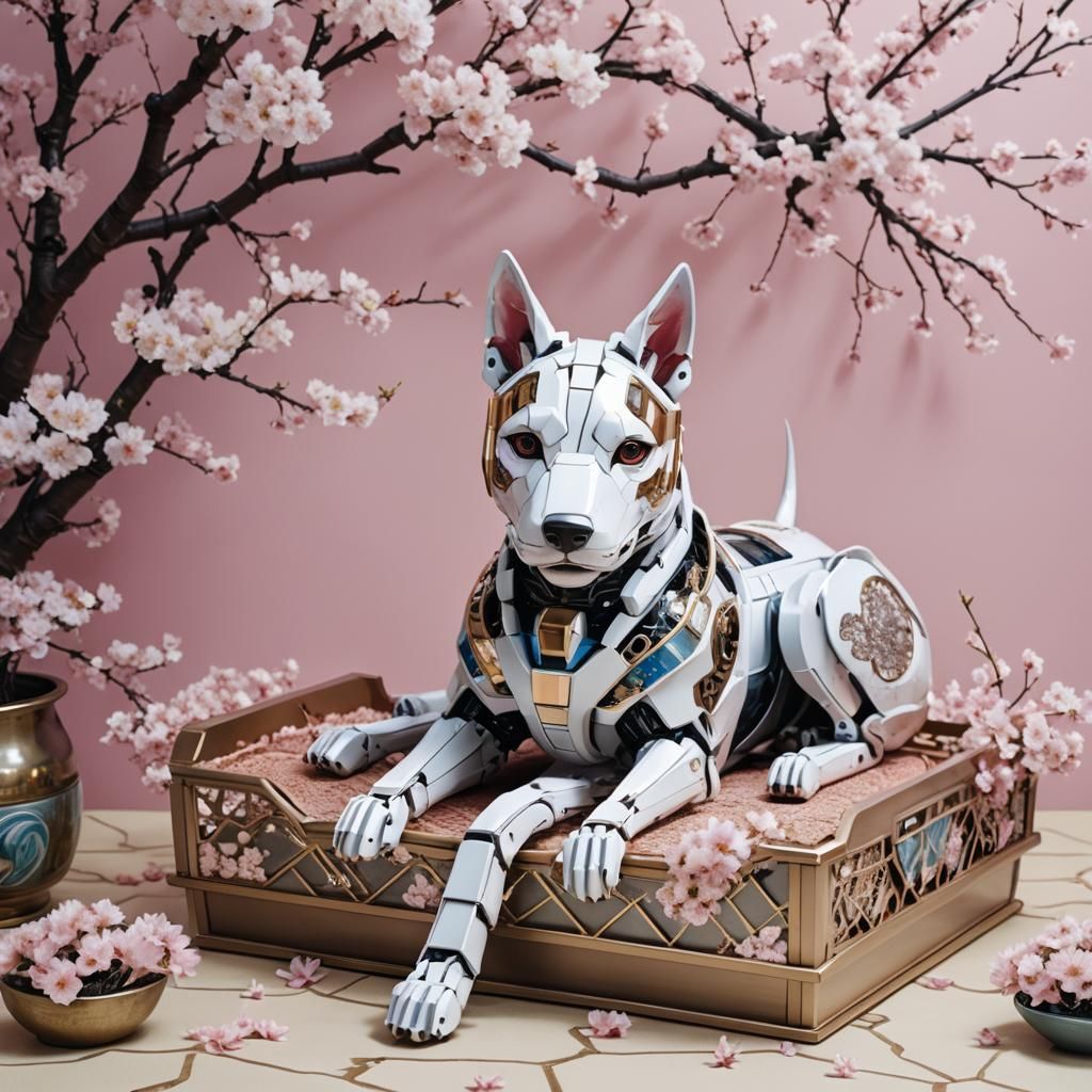 Cyberpunk Robotic Dog in Tokyo Living Room