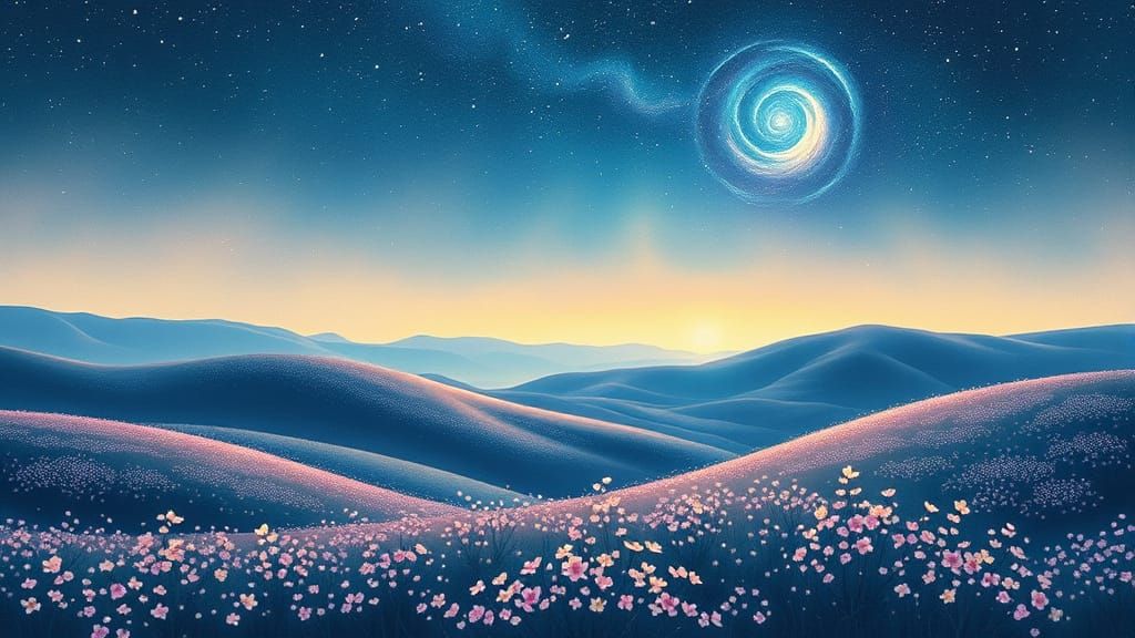 Ethereal Flora Glowing on Rolling Hills Under Starry Night S...