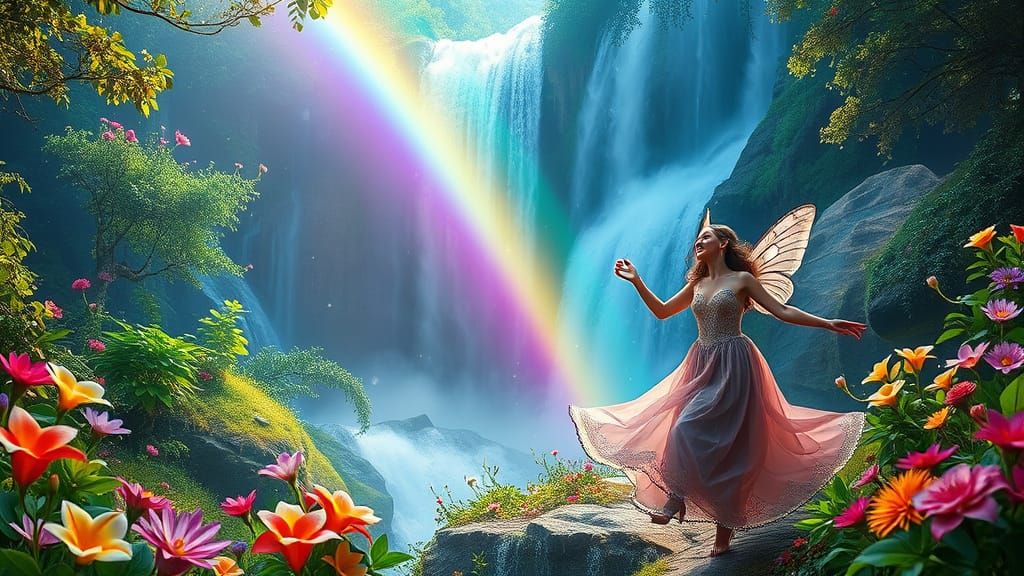 Lush Forest Scene with Elves and Rainbow Waterfall in Vibran...