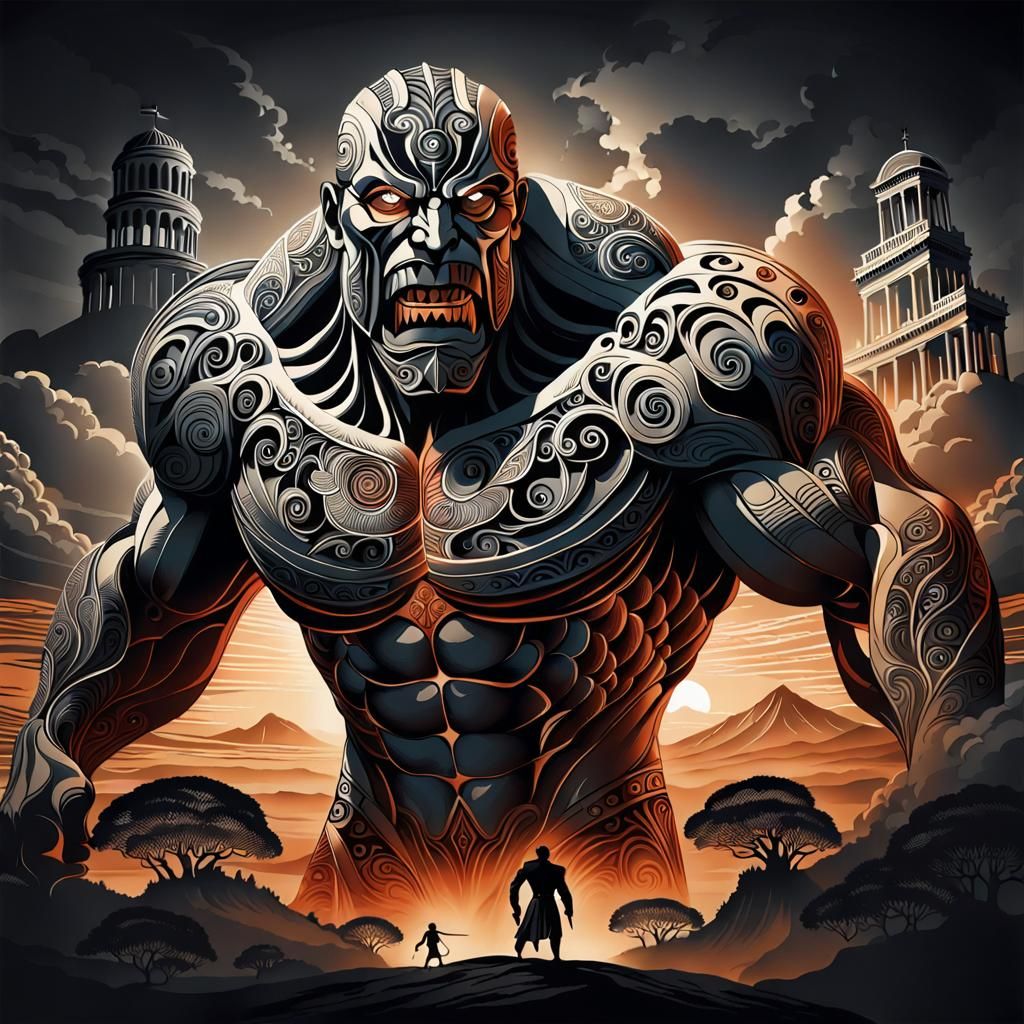 Colossal Titan in Victorian Silhouette with Greek Motifs