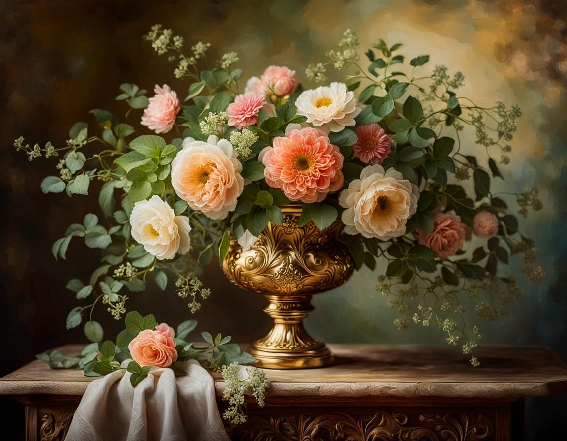 Elegant Baroque Still Life with Floral Bouquet