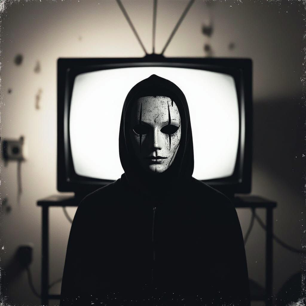 Eerie Masked Figure in Analog Horror Style
