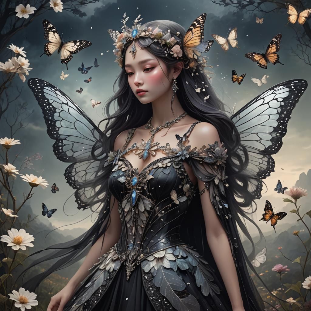 Ethereal Butterfly Woman in Dreamy Landscape