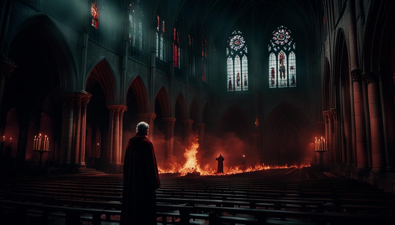 Ominous Devil in Cathedral: Cinematic Film Still