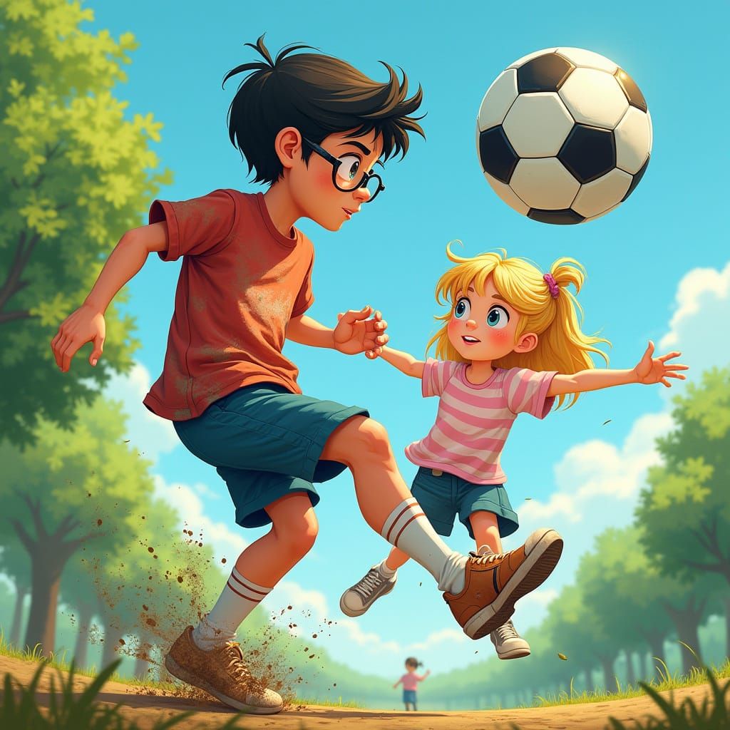 Boy Kicks Soccer Ball in Fantasy Concept Art
