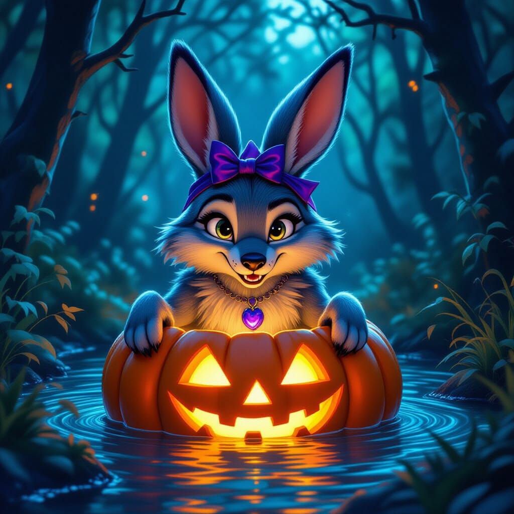Wolf in Lola Bunny Costume Swims in Pumpkin Pool