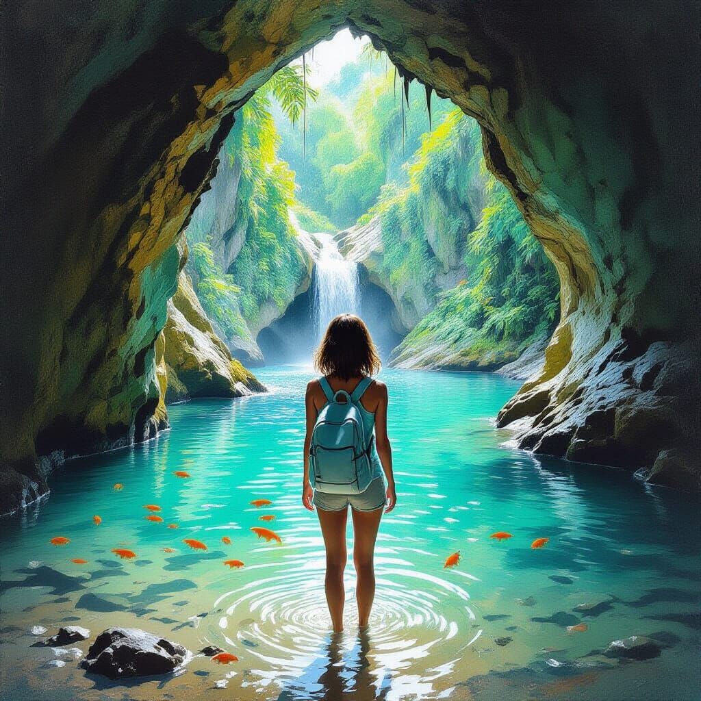 Girl in Cave Archway: Hyperrealistic Painted Style