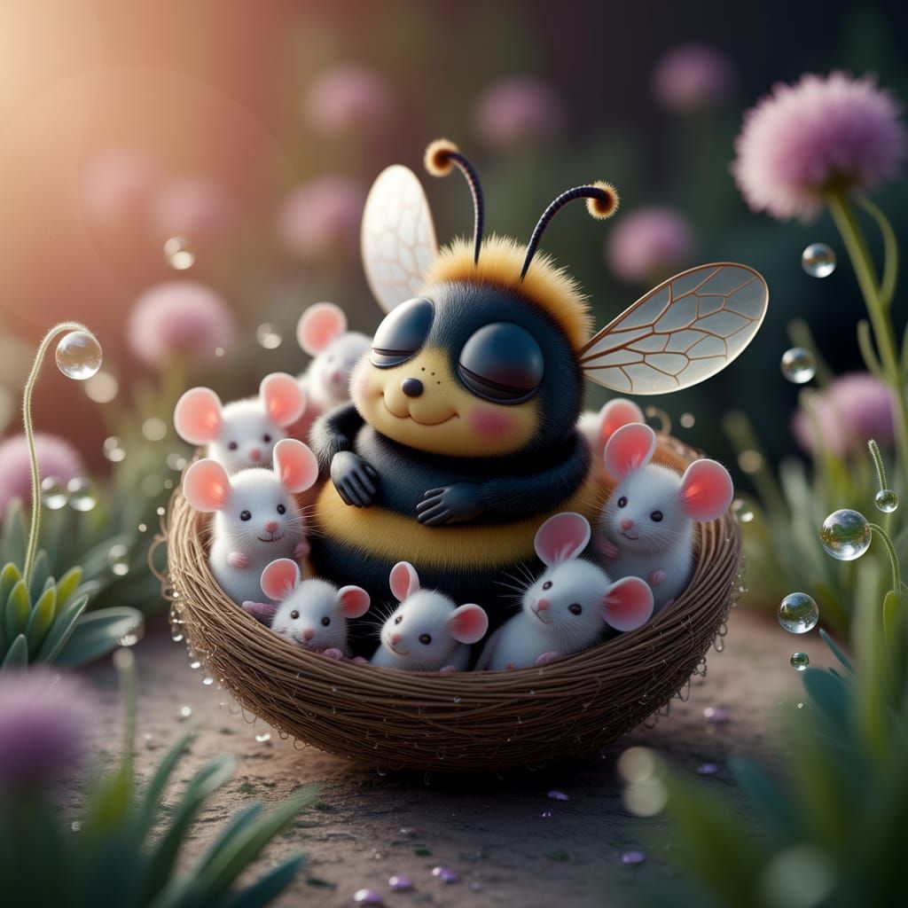 Whimsical Bumblebee in Dreamy Slumber: Digital Art
