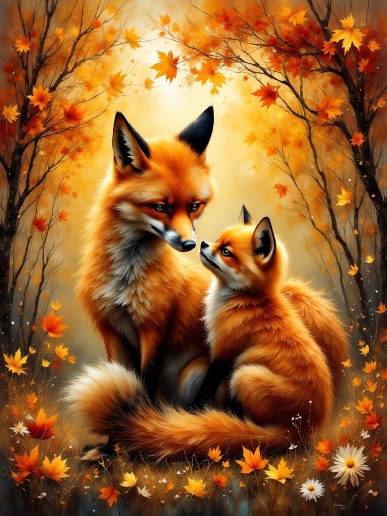 Elegant Fox Family in Autumn Forest as Oil Painting