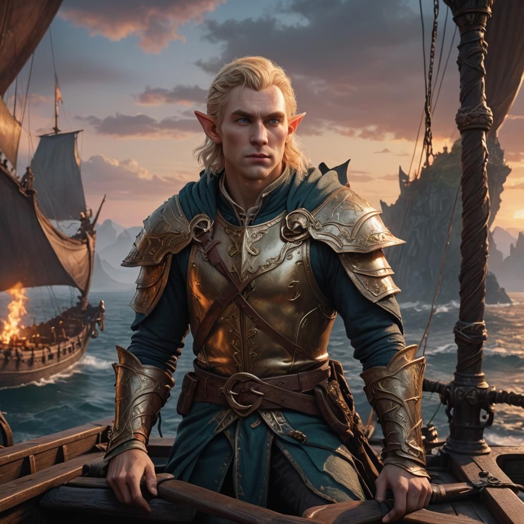 Elf Lord on Galley at Dawn in Fantasy Style