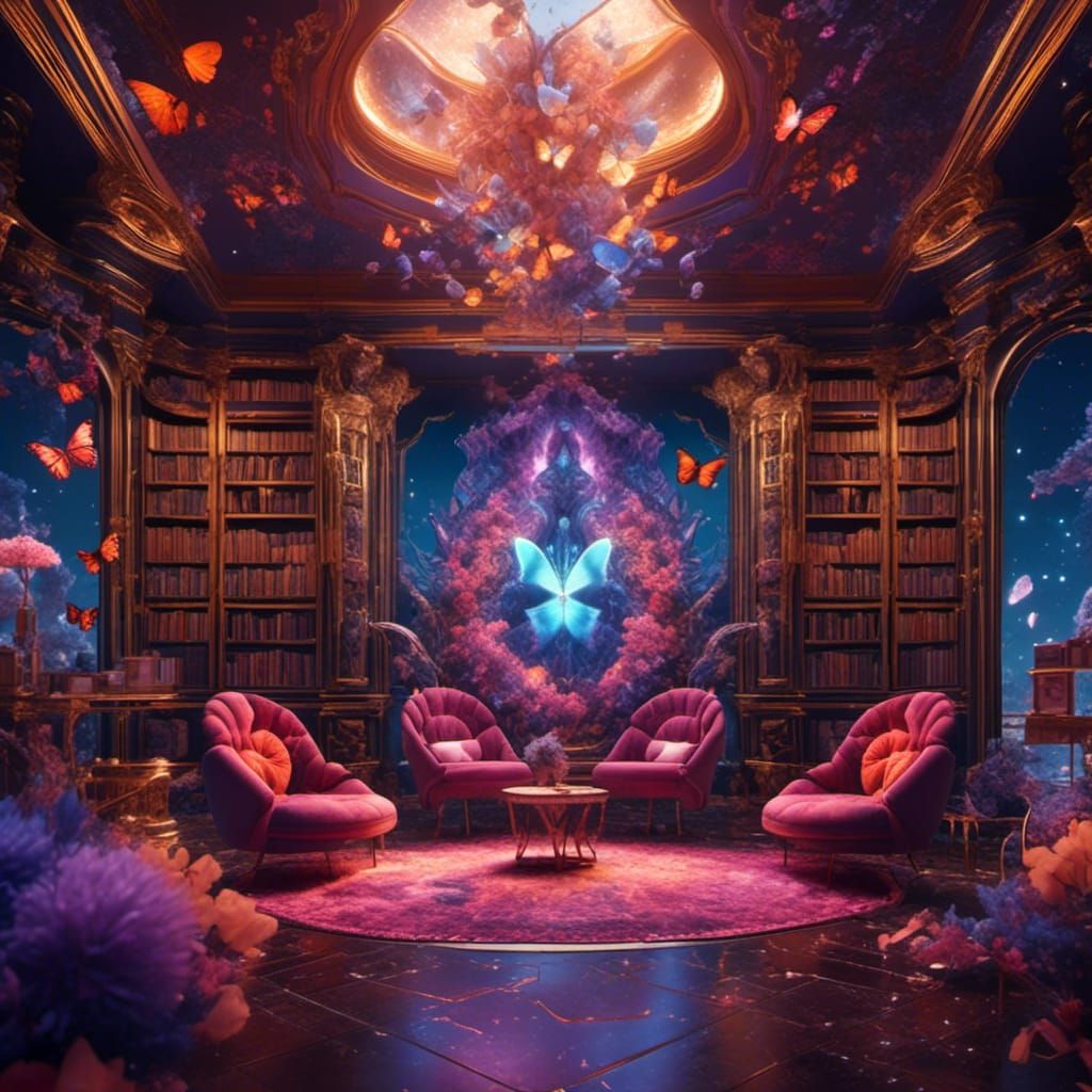 Psychedelic Fantasy Library with Butterfly Chairs