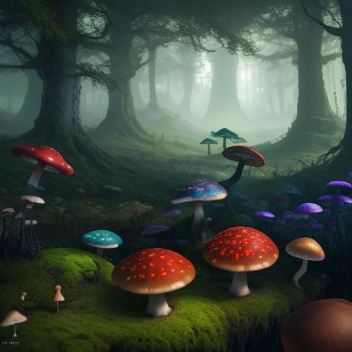 Enchanted Forest with Colorful Mushrooms in Fantasy Art