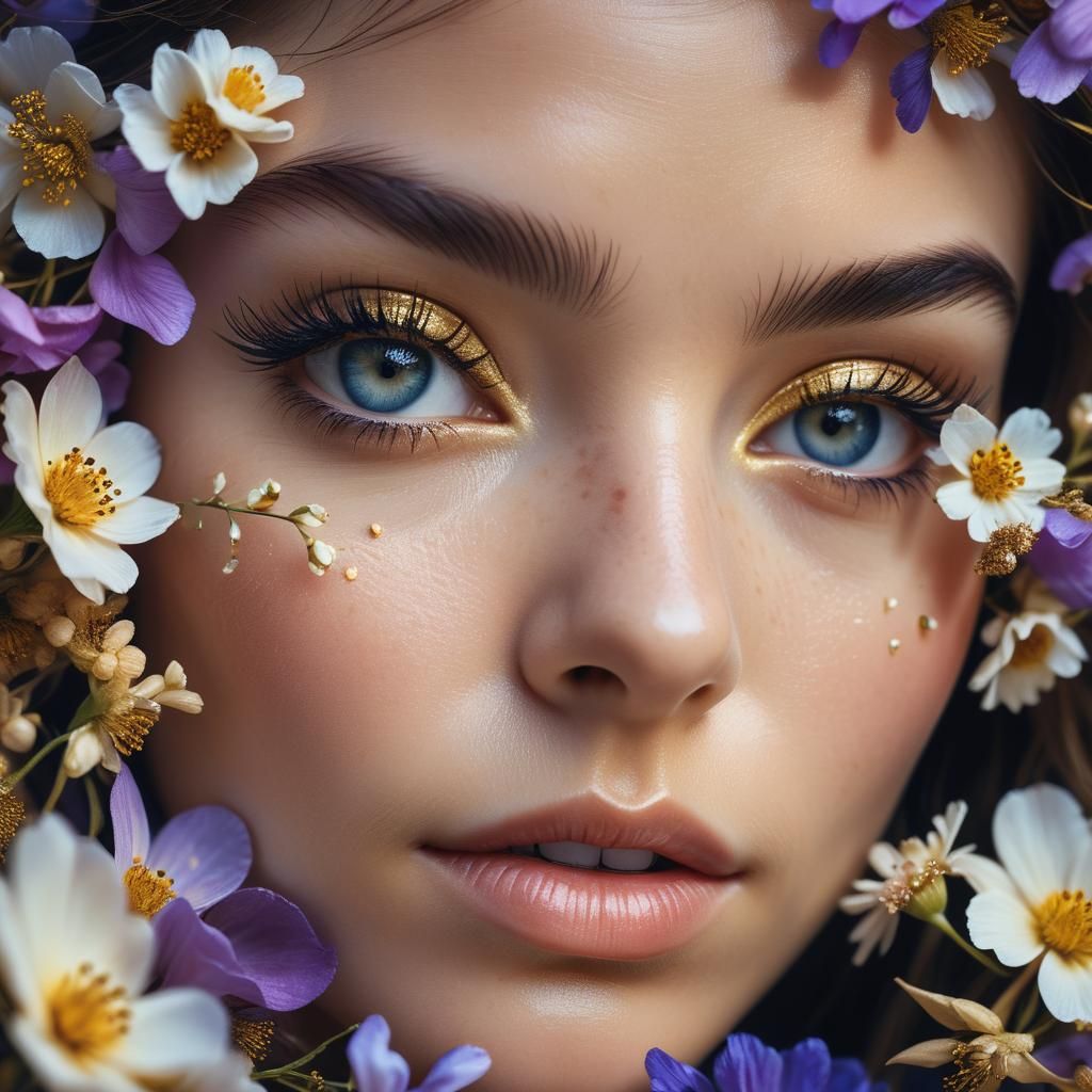 Woman's Floral Portrait in Hyper-Realistic Style