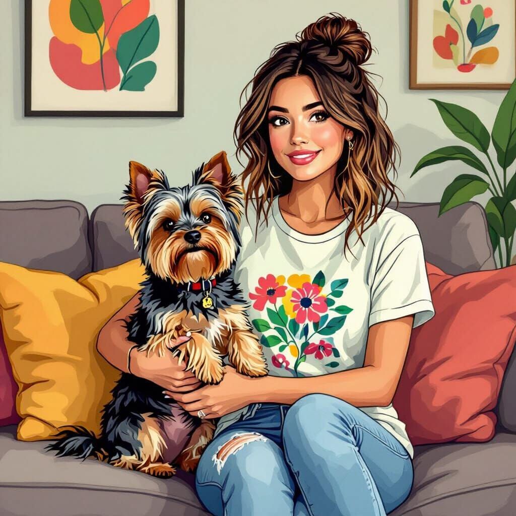 Girl with Yorkshire Terrier in Playful Illustration Style