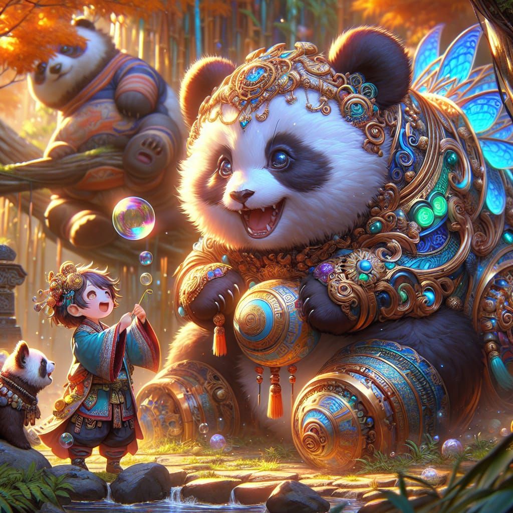 Anime Panda and Child in Fantasy Scene