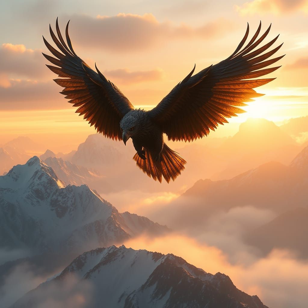 Griffin Soaring Over Misty Mountains: Matte Painting