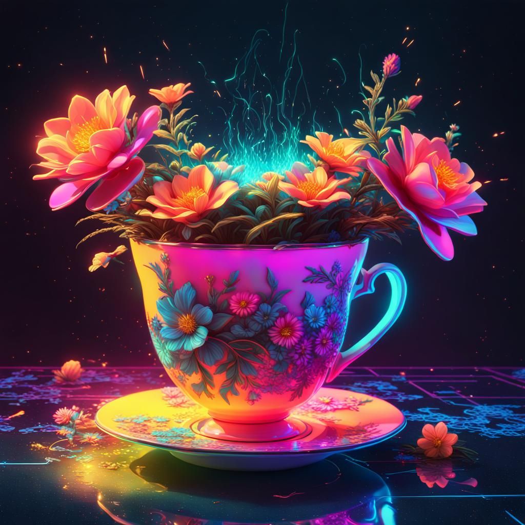 Neon Teacup with Fluorescent Flowers in Vaporwave Style