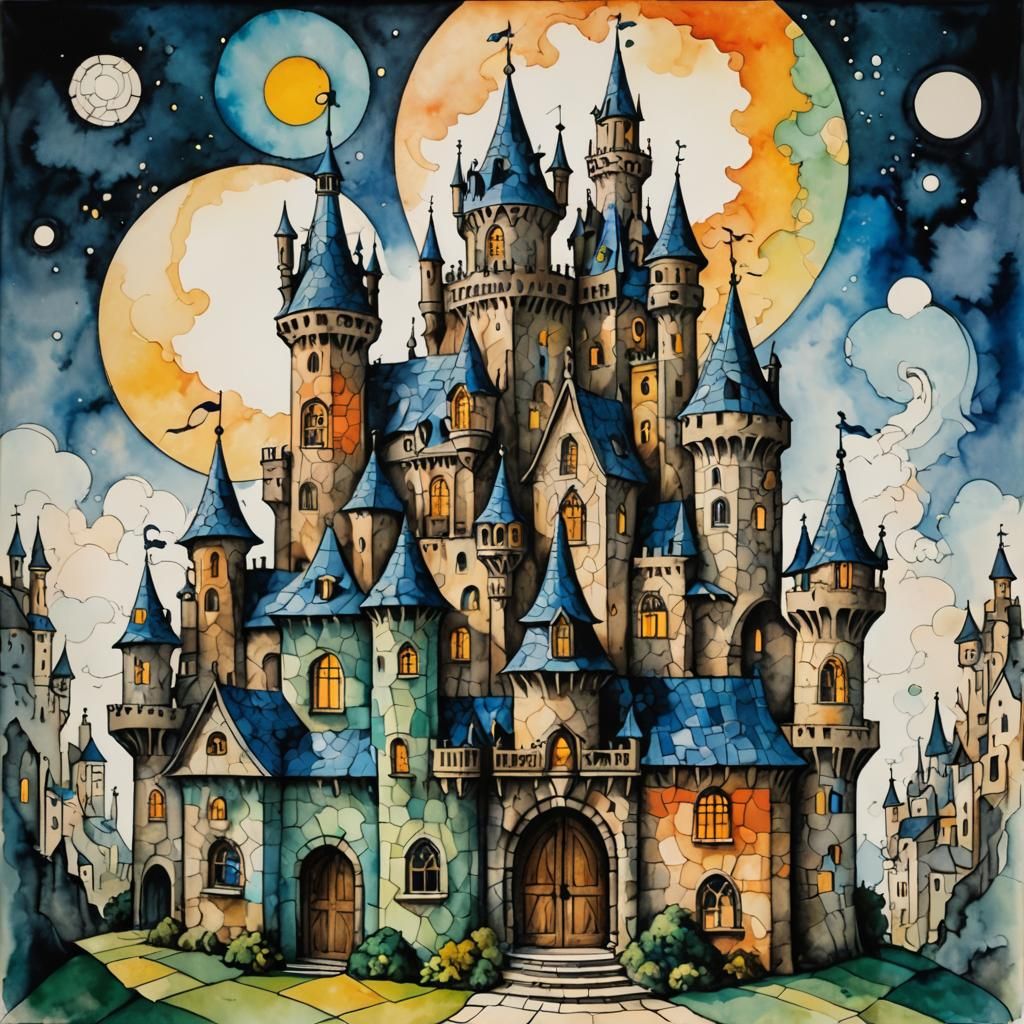 Cardboard Castle in Surrealist Watercolor Style