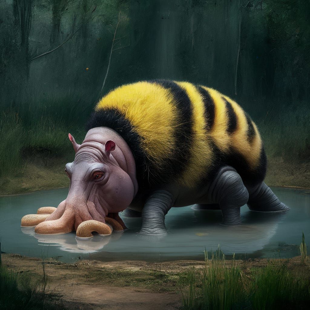 Hippo-Octopus-Bee Hybrid Creature in Pond