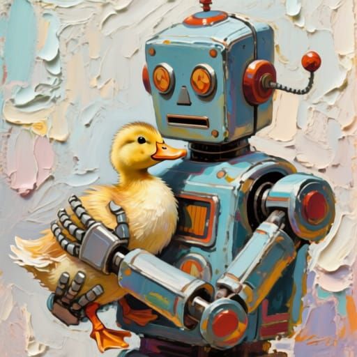 Retro Robot Hugs Duckling in Gouache Style