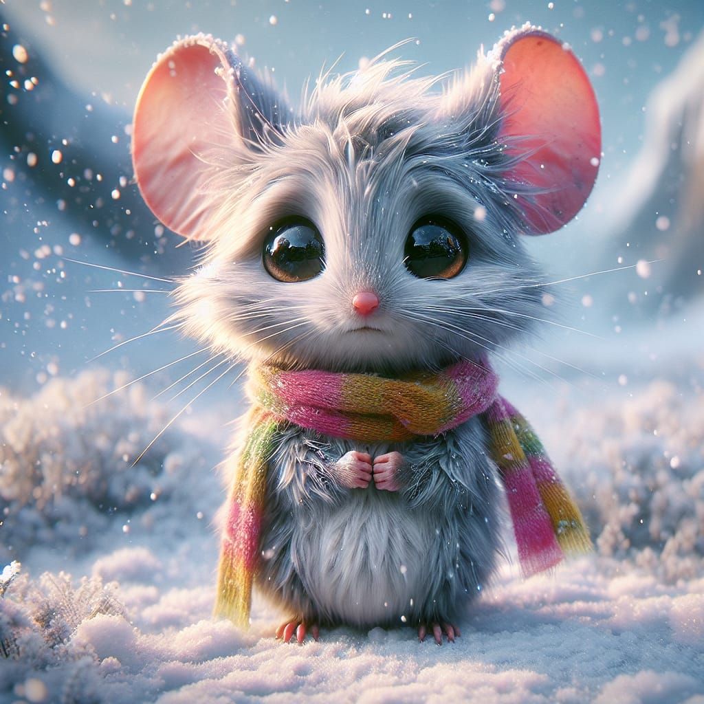 Magical Winter Scene with Fuzzy Mouse in Snowy Landscape