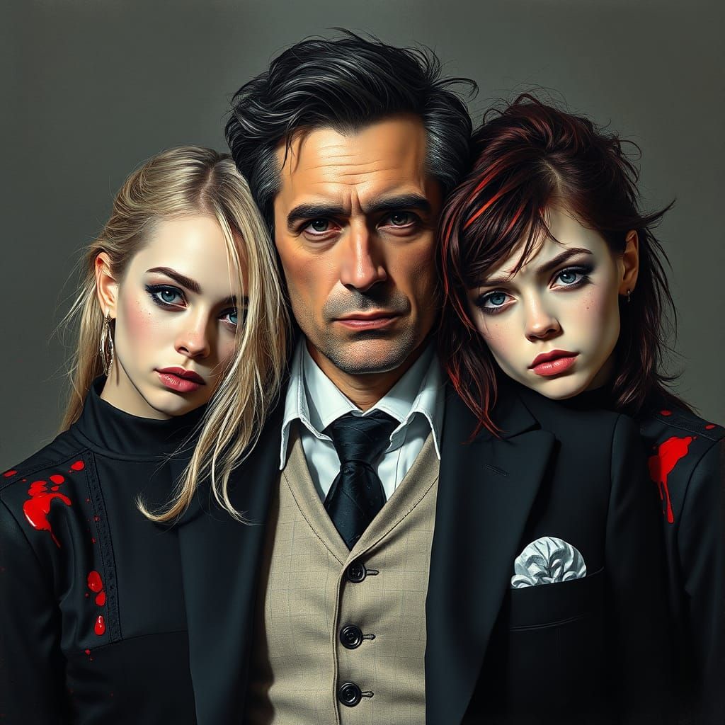 Gothic Portrait of Father and Twin Daughters