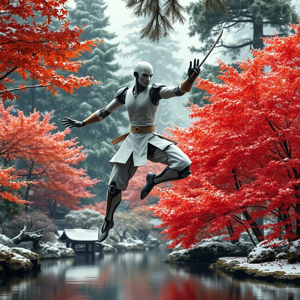 Serene Android Leaps Through Vibrant Autumn Garden