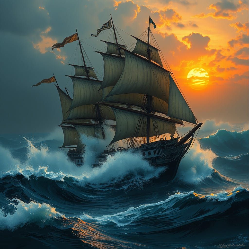 Dramatic Sunset Sea Battle in a Cyberpunk Fantasy Aesthetic