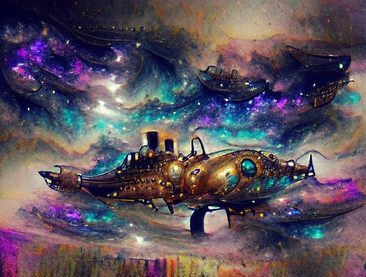 Steampunk Spaceship Soaring Through Galaxy