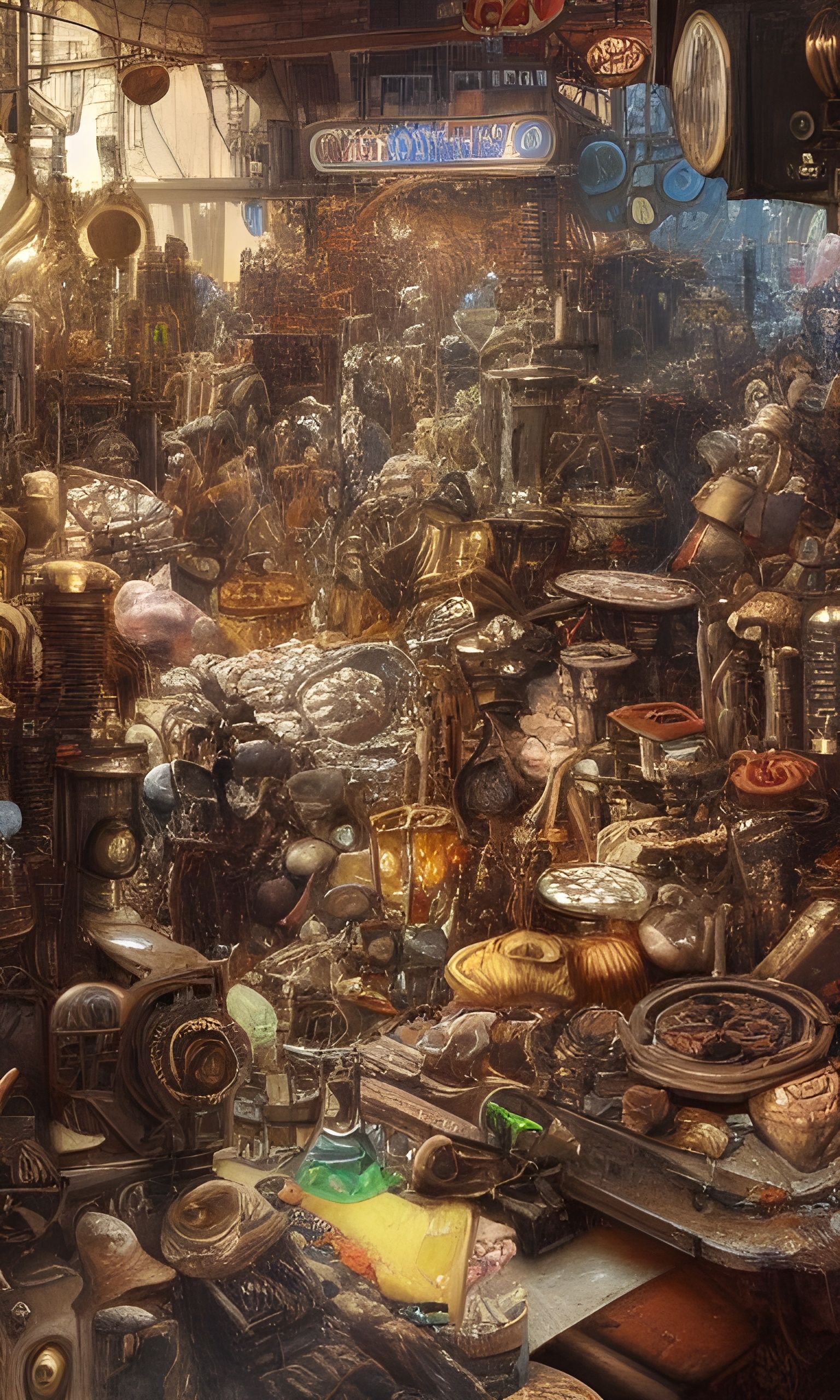 Chaotic Steampunk Market in Hyperrealism