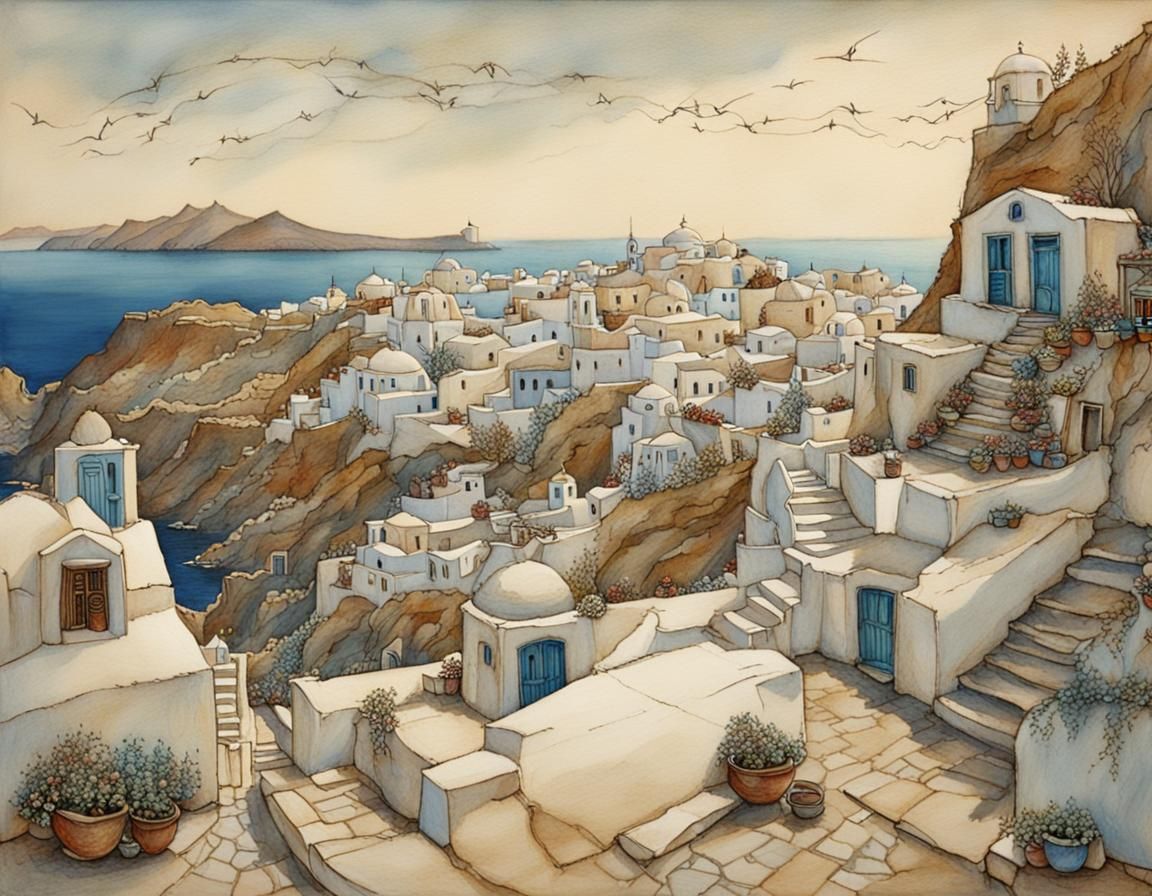 Enchanted Santorini Fishing Village Illustration