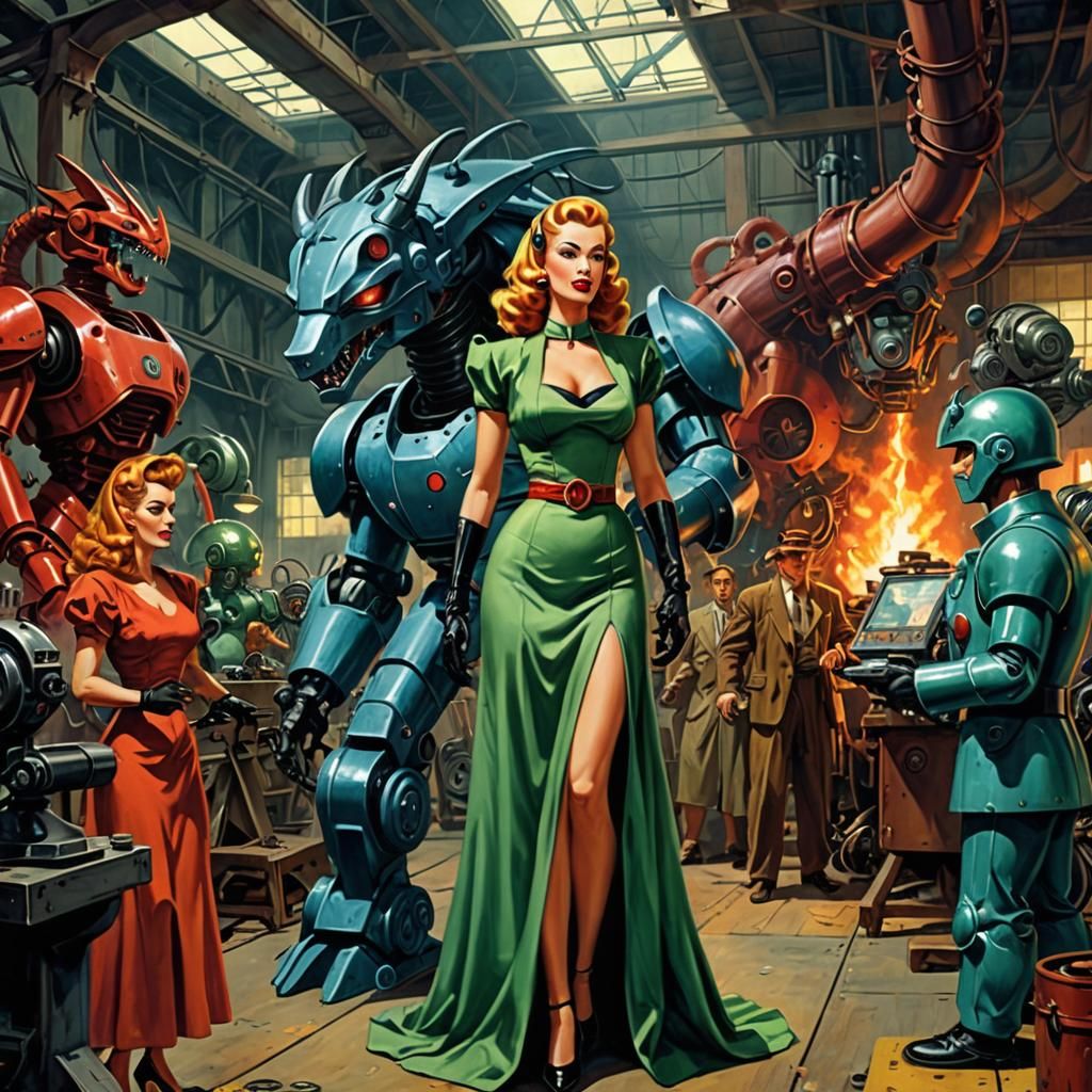 Retro Cyborgs Battle Dragons in Sci-Fi Factory