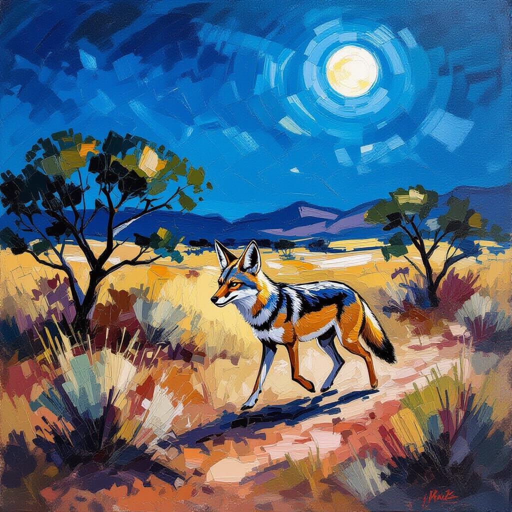 Black-Backed Jackal in Arid Landscape: Impasto Oil Painting