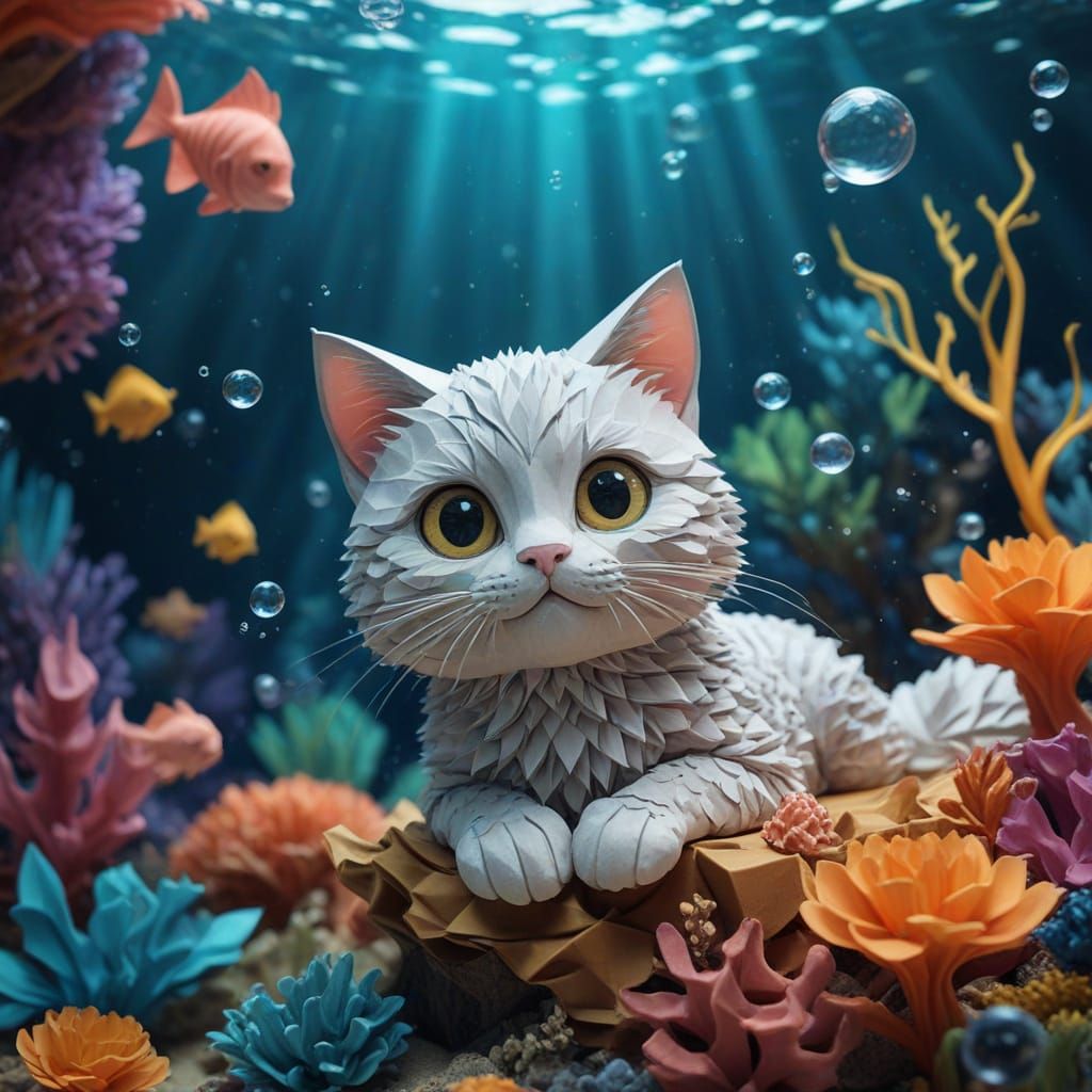 Mermaid Cats in Sapphire Sea Coral Castles